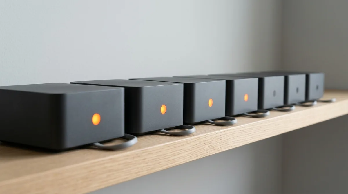 Una hilera de siete cajas grises idénticas sobre una balda de madera, unidas por cables; las cuatro más cercanas tienen encendida una luz naranja y las tres del fondo siguen apagadas.
