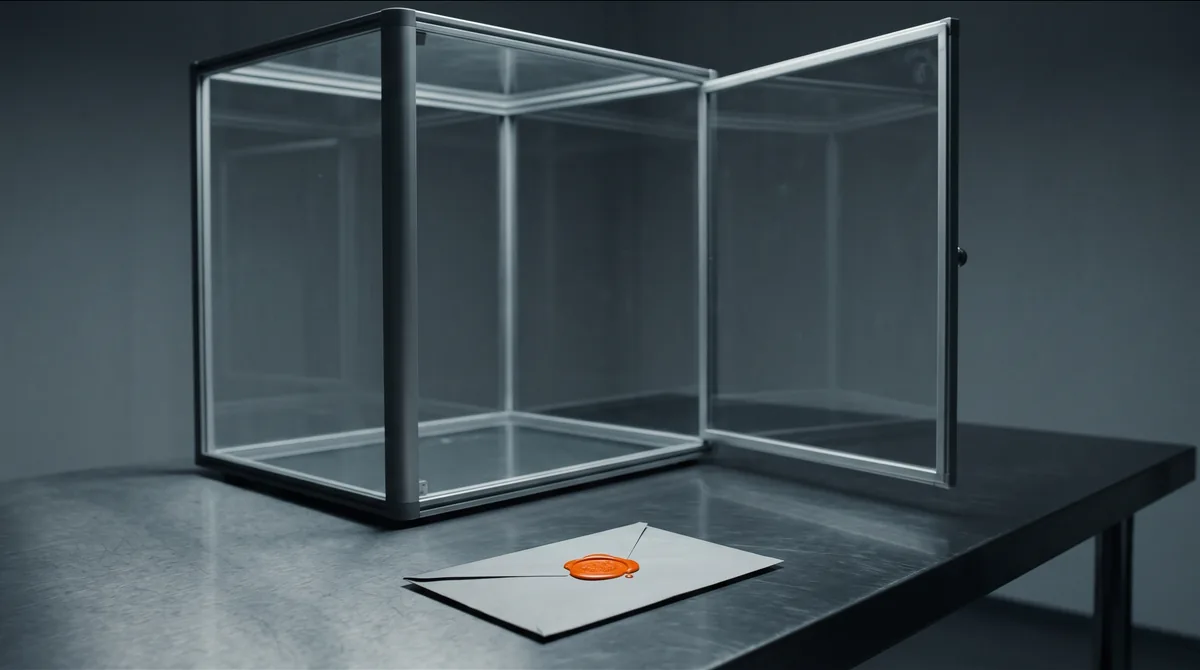 Una vitrina de cristal de laboratorio, vacía y con la puerta entreabierta, sobre una mesa de acero; delante, un sobre cerrado con un sello de lacre naranja.