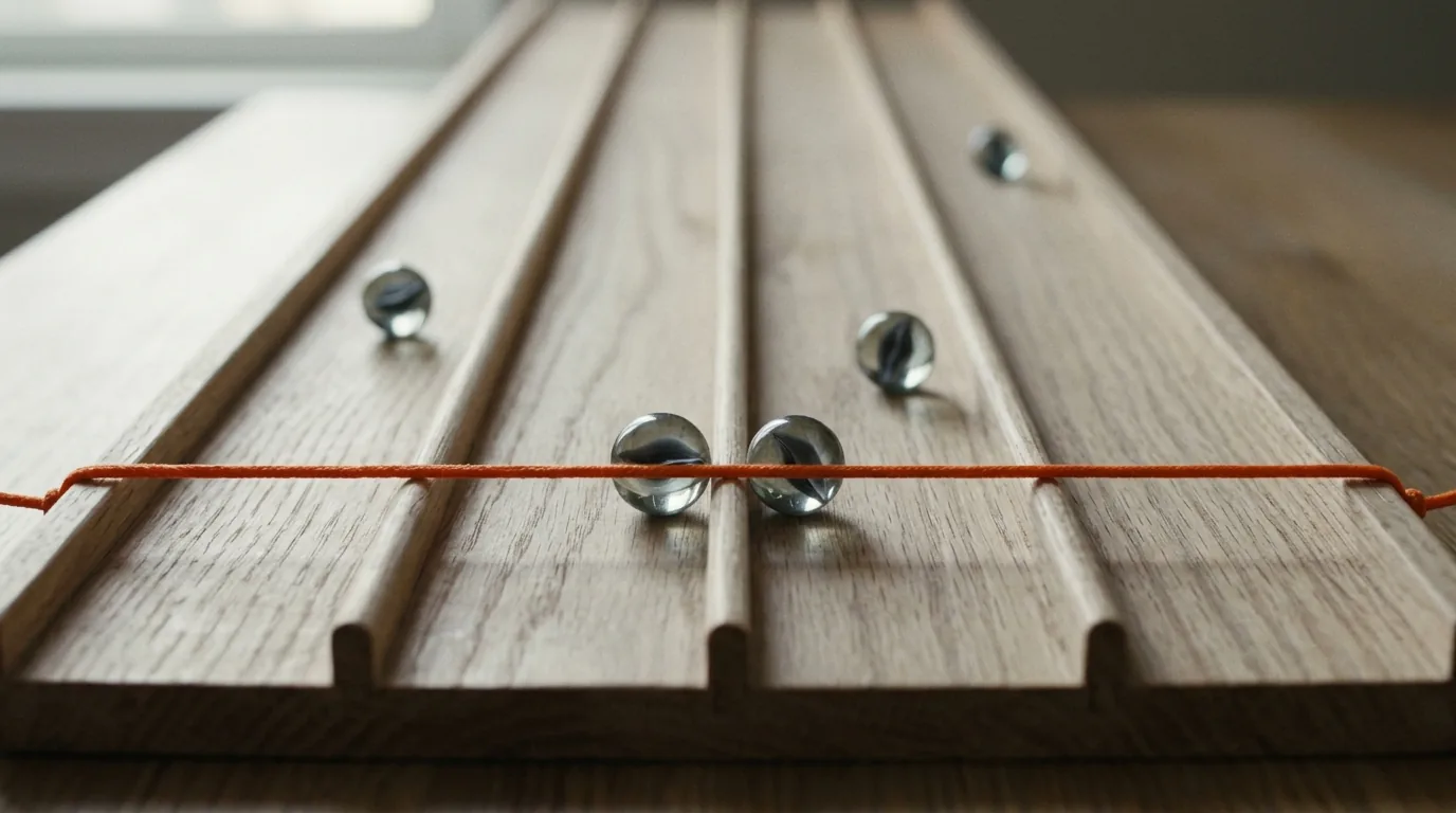 Una pista de canicas de madera clara sobre una mesa: dos canicas de cristal llegan a la vez, en carriles vecinos, a una cuerda naranja tendida como meta; las otras tres van por detrás, a distintas distancias.