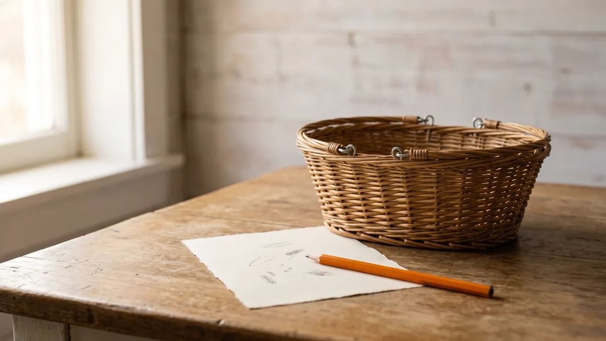 Una lista de la compra escrita a mano sobre una mesa de madera clara, con un lápiz naranja encima y una cesta de mimbre vacía al lado, junto a una ventana.