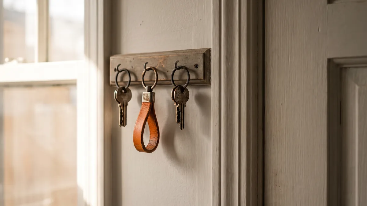 Tres llaves colgadas de un colgador de madera junto a una ventana; una de ellas, de un llavero de cuero naranja.