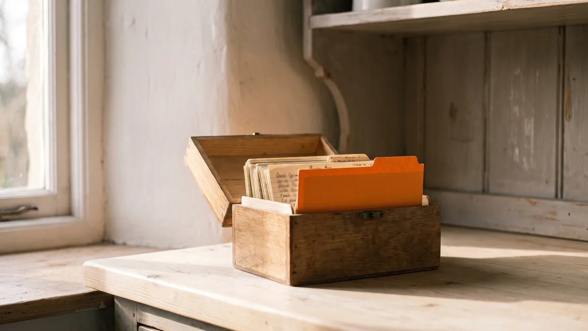 Una caja de madera abierta, con fichas de recetas escritas a mano, sobre la encimera de una cocina; un separador naranja sobresale entre las fichas.