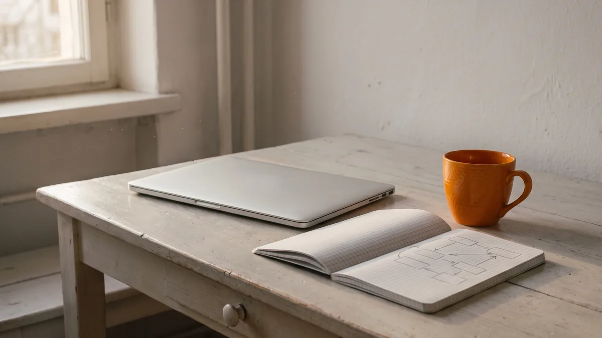 Un portátil cerrado en una mesa de madera junto a una ventana, con una libreta de cuadrícula abierta con un esquema a lápiz y una taza naranja.