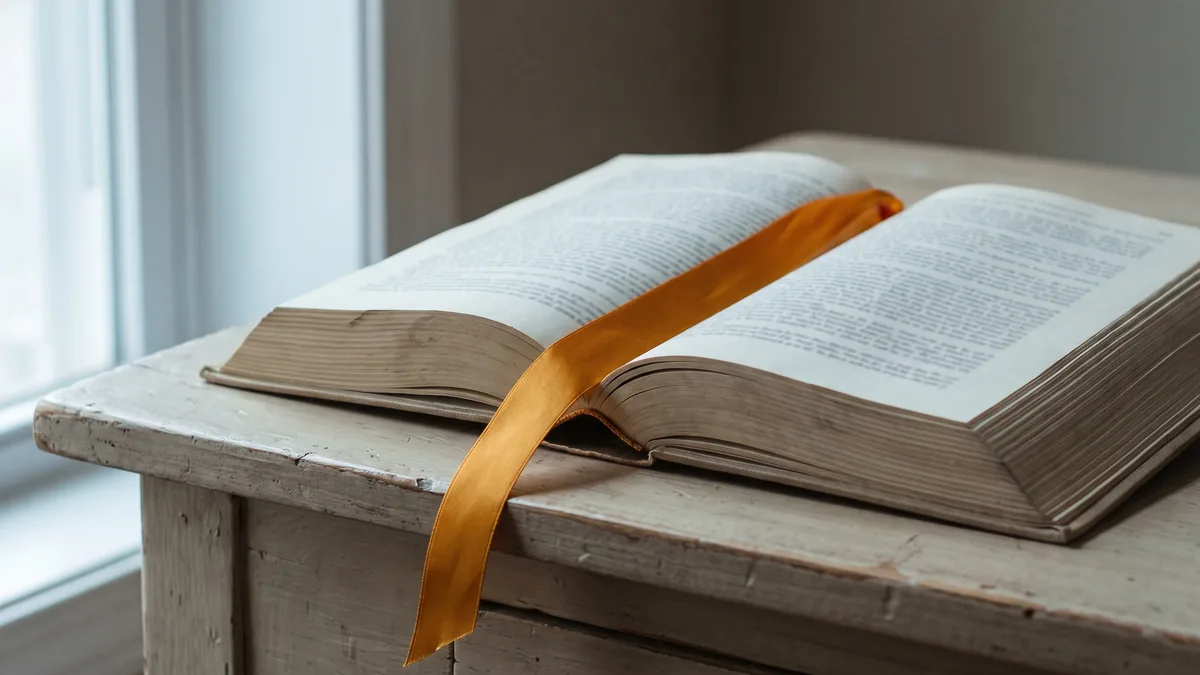 Un libro grueso abierto sobre una mesa de madera clara junto a una ventana, con una cinta naranja de marcapáginas que cruza las páginas y cae por el borde de la mesa.