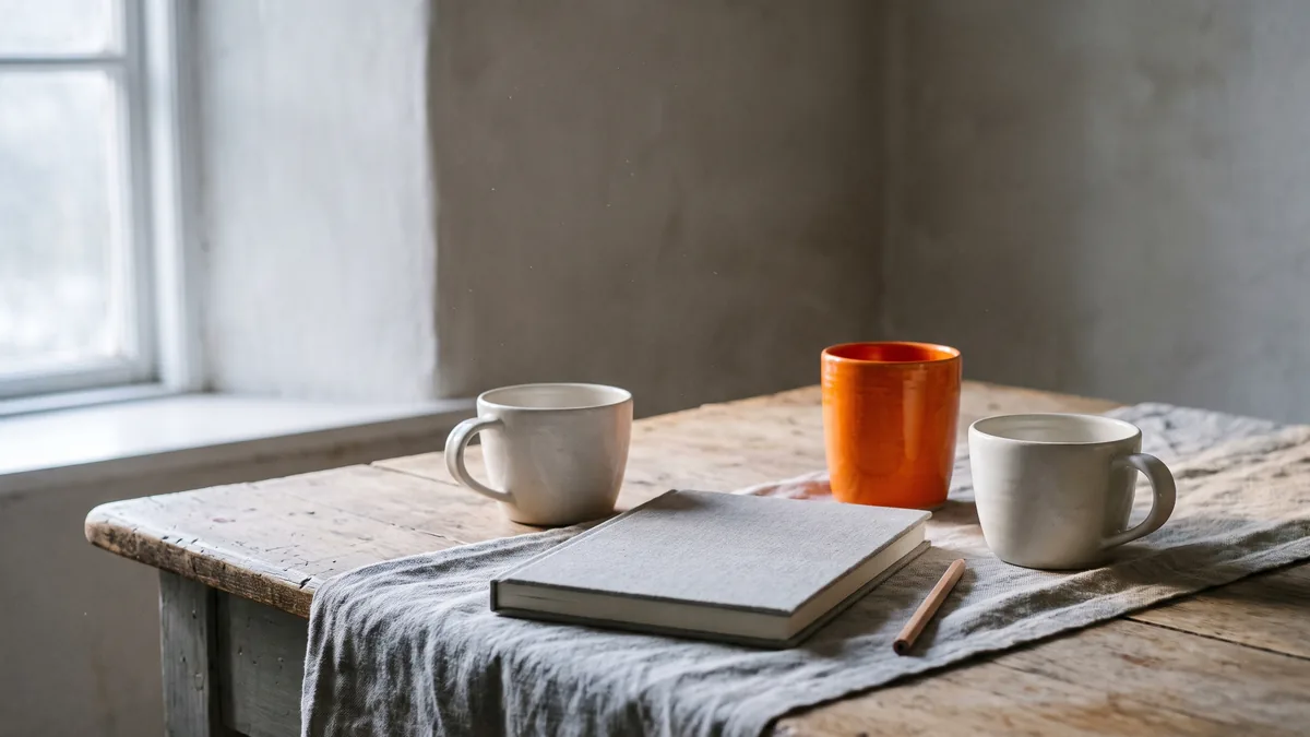 Una mesa de cocina de madera junto a una ventana, con tres tazas, una de ellas naranja, alrededor de un cuaderno gris cerrado y un lápiz.