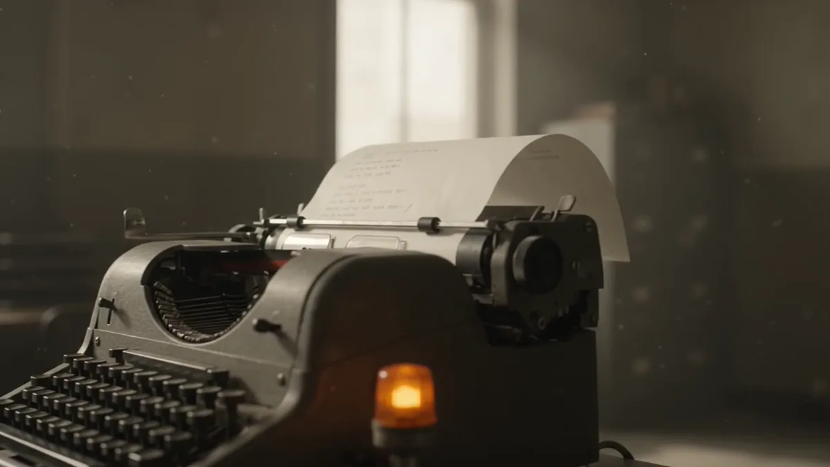 Una máquina de escribir antigua en una oficina en penumbra, con un piloto naranja encendido.