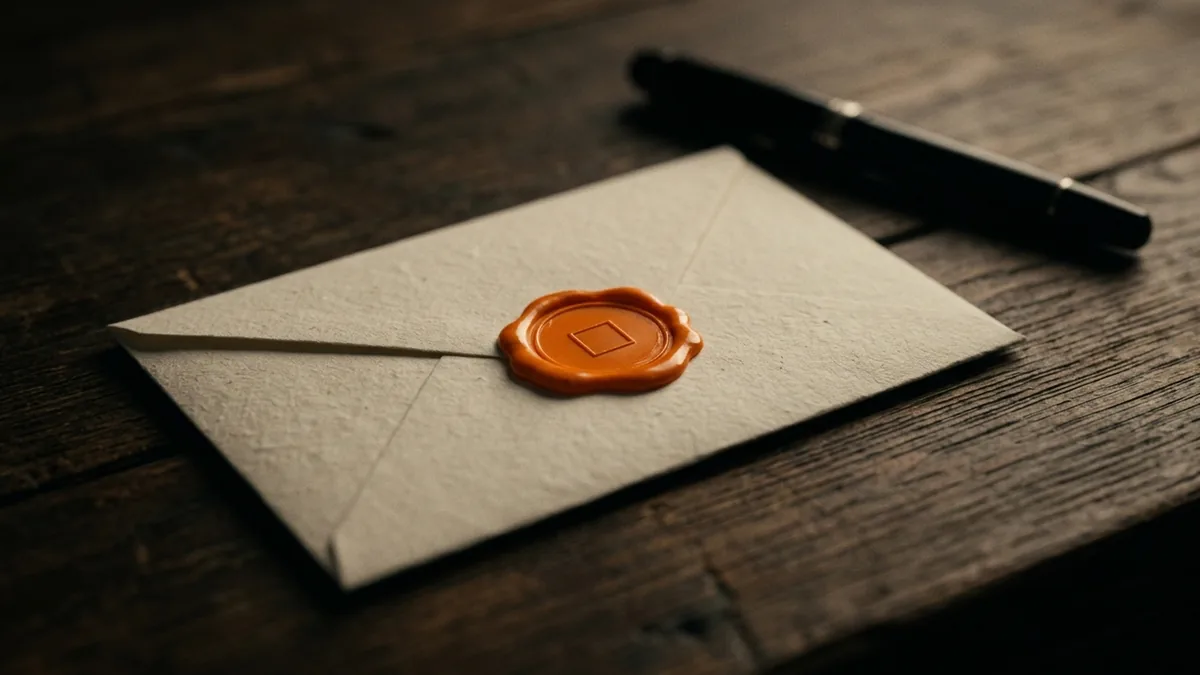 Un sobre cerrado con un sello de lacre naranja sobre una mesa oscura.