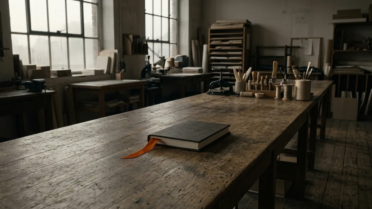 Un cuaderno cosido a mano con una cinta naranja sobre una mesa larga de taller.