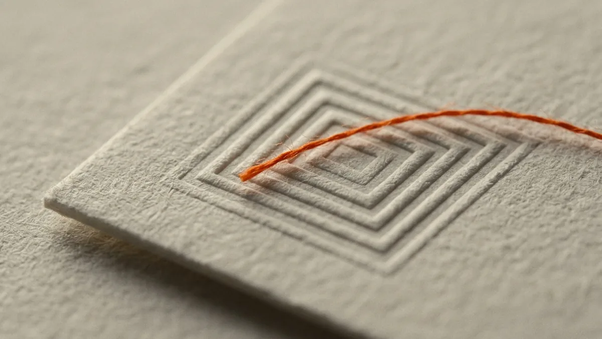 Papel de algodón con un sello en seco de cuadrados concéntricos y un hilo naranja encima.