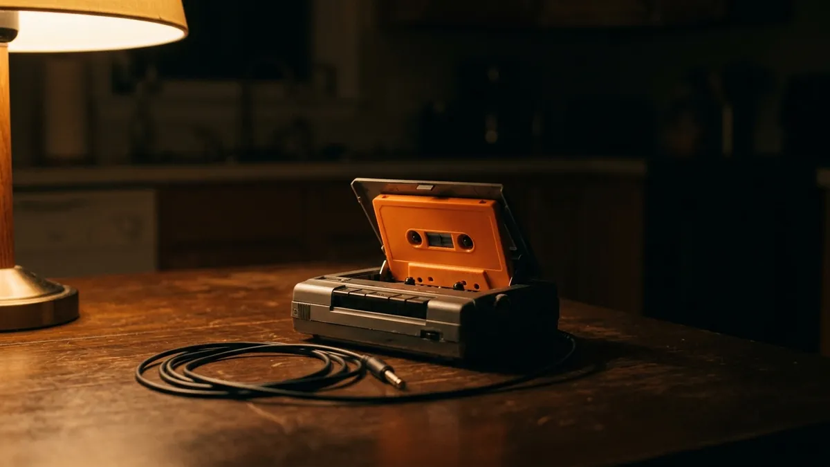 Una grabadora de casetes gris, con la tapa abierta y una casete naranja dentro, sobre una mesa de cocina de madera oscura a la luz de una lámpara.