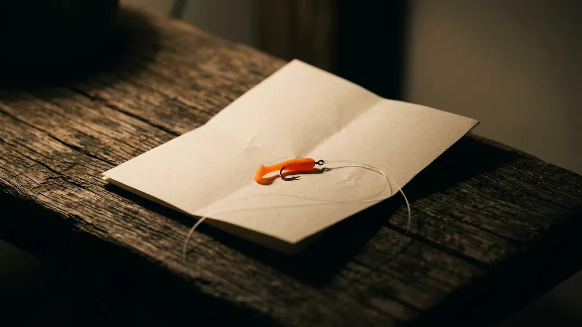 Un anzuelo con un cebo naranja sobre una hoja de papel doblada, encima de una mesa de madera envejecida.