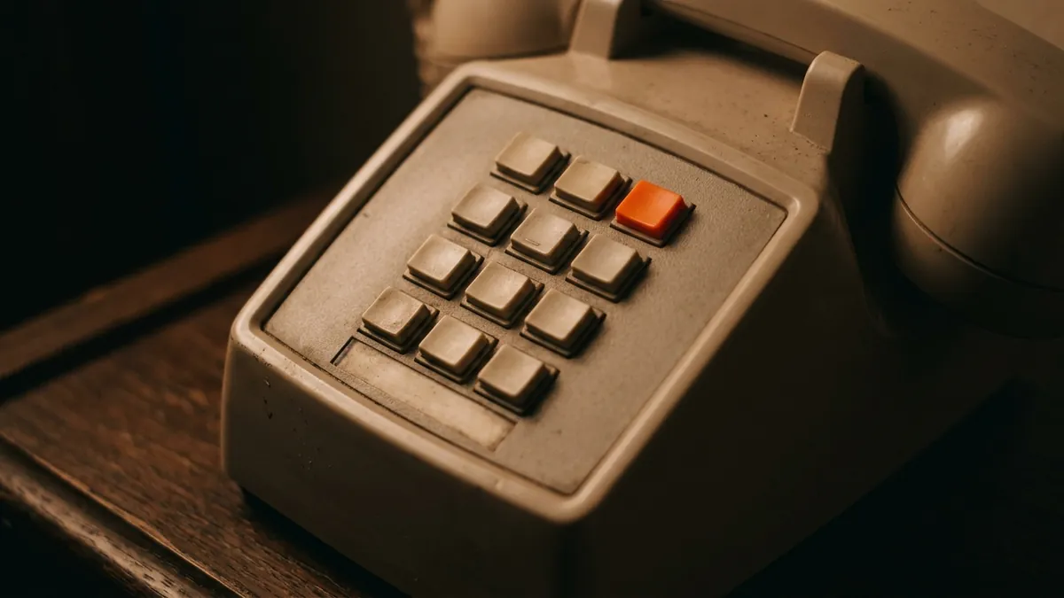 Primer plano del teclado de un teléfono fijo beis: todas las teclas son beis menos una, naranja, arriba a la derecha.