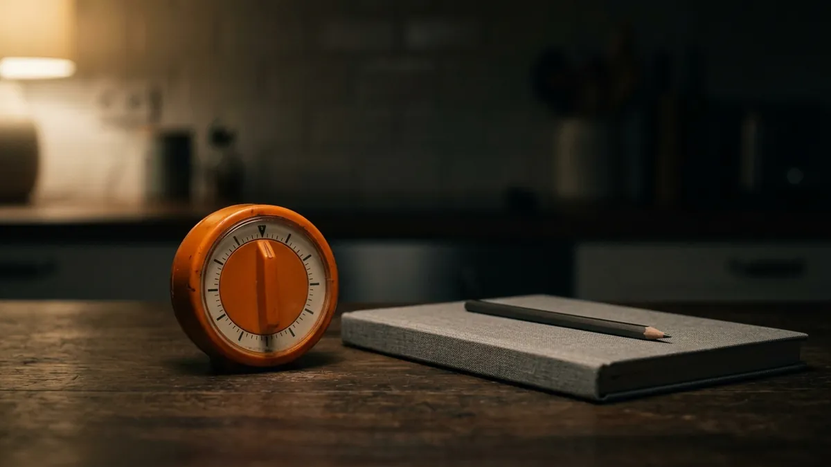 Un temporizador de cocina naranja junto a un cuaderno gris cerrado y un lápiz, sobre una encimera a la luz de una lámpara.