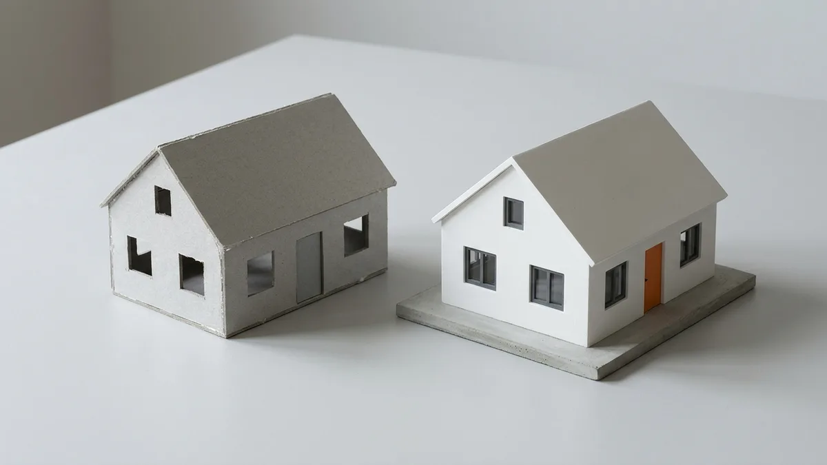 Dos maquetas de la misma casa, una al lado de la otra: a la izquierda, de cartón gris sin terminar; a la derecha, acabada en blanco sobre una base de hormigón y con la puerta naranja.