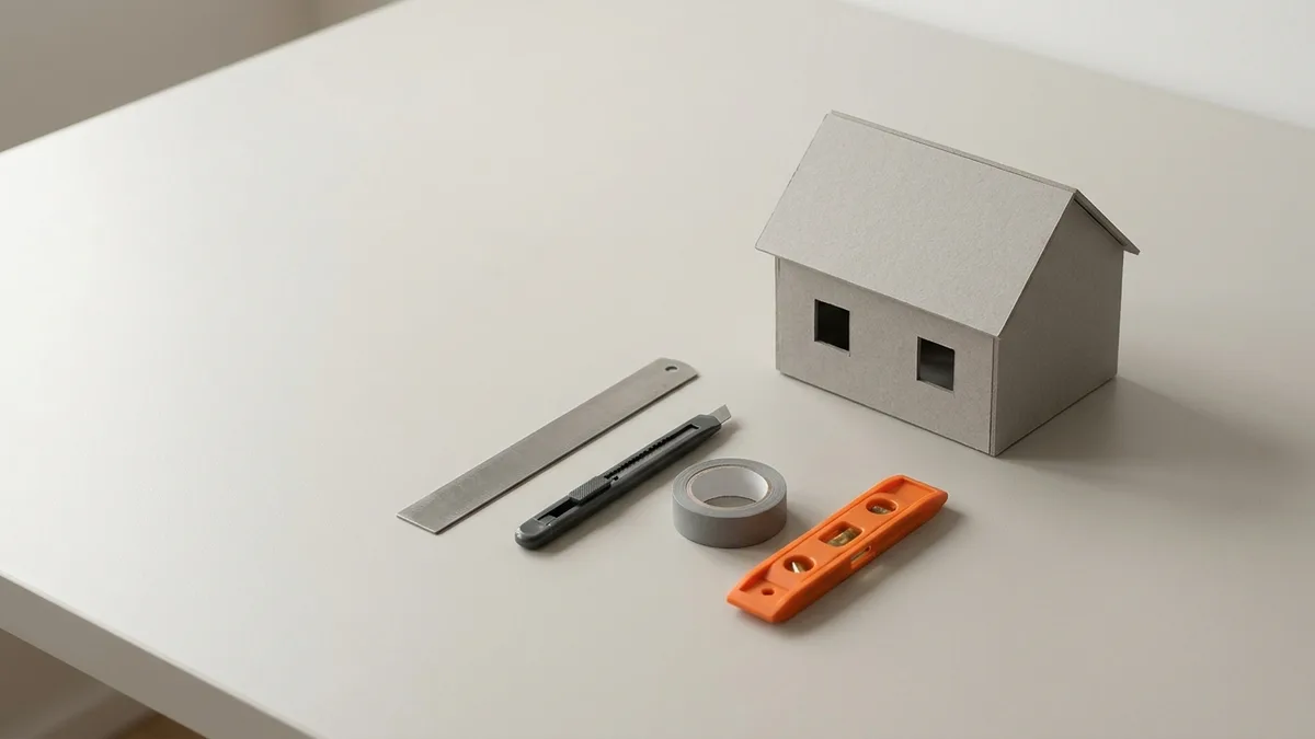 Una maqueta de una casa de cartón gris sobre una mesa clara y, delante, cuatro herramientas en fila: una regla, un cúter, un rollo de cinta y un nivel naranja.