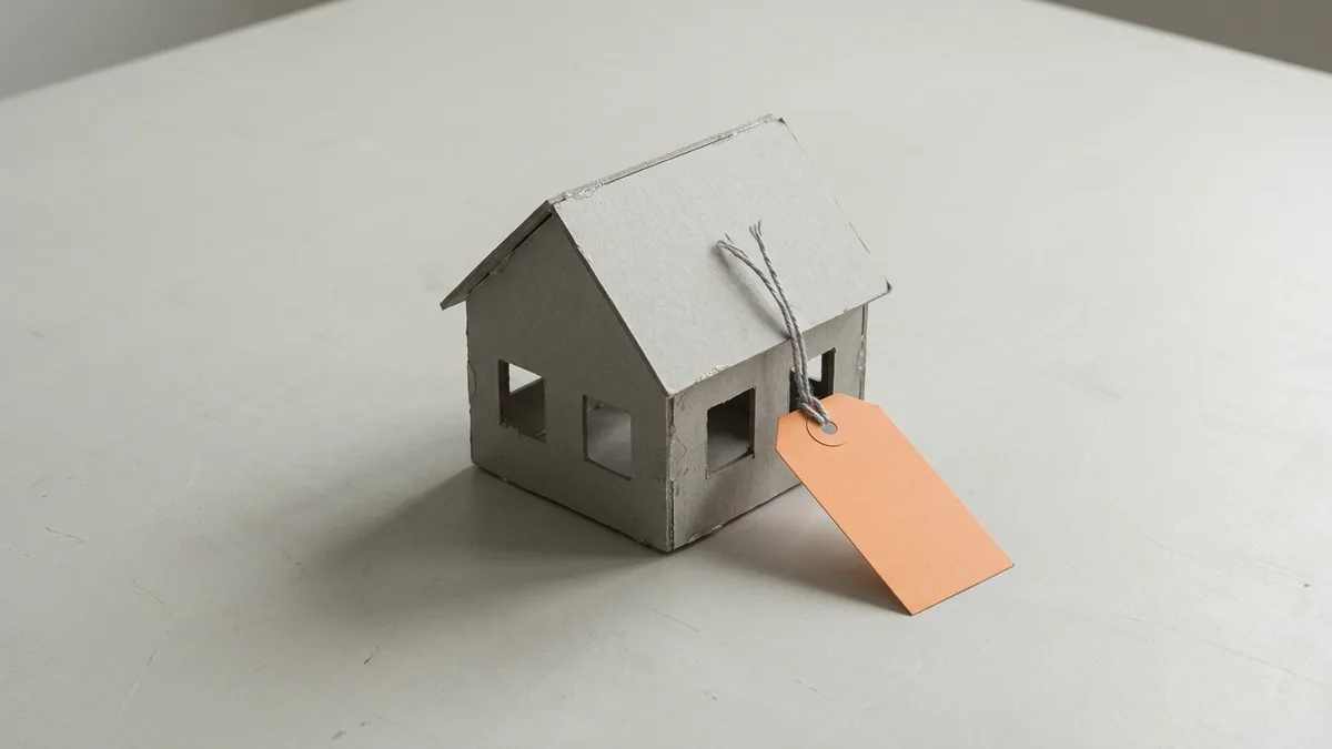 Una maqueta de casa de cartón gris, hecha deprisa, con una etiqueta de precio naranja en blanco colgada del tejado.