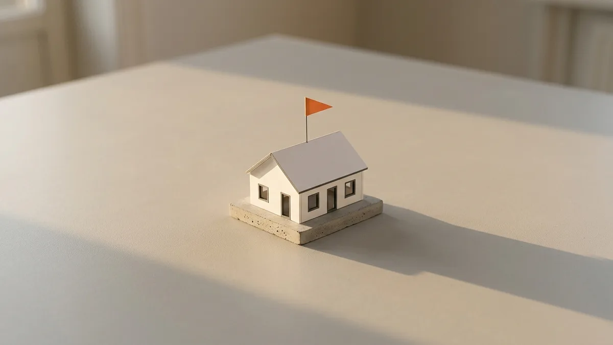 La maqueta acabada de una casa blanca sobre su base de hormigón, con una banderita naranja clavada en el tejado, a la luz de la tarde.