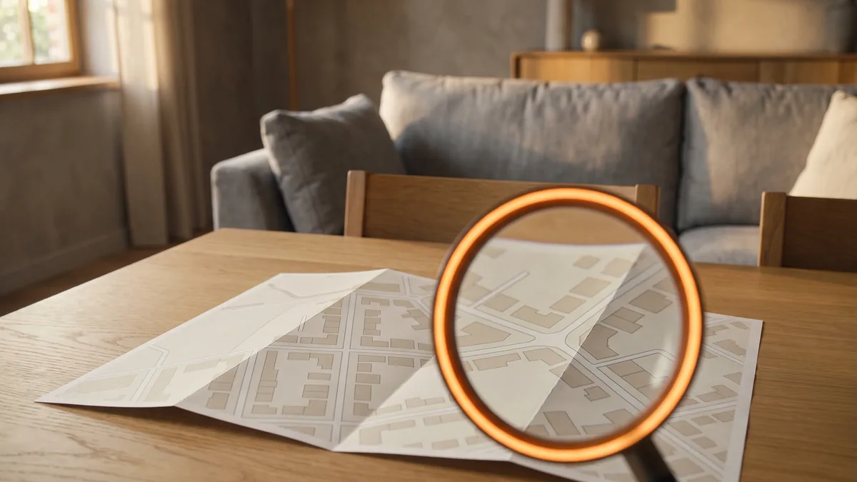 Una lupa con el aro naranja sobre un plano de calles sin nombres, en una mesa de madera junto a un sofá gris.
