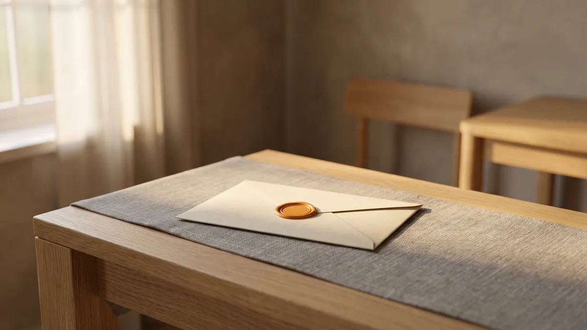 Un sobre de papel crema cerrado con un sello de lacre naranja, sobre un camino de lino gris en una mesa de roble.