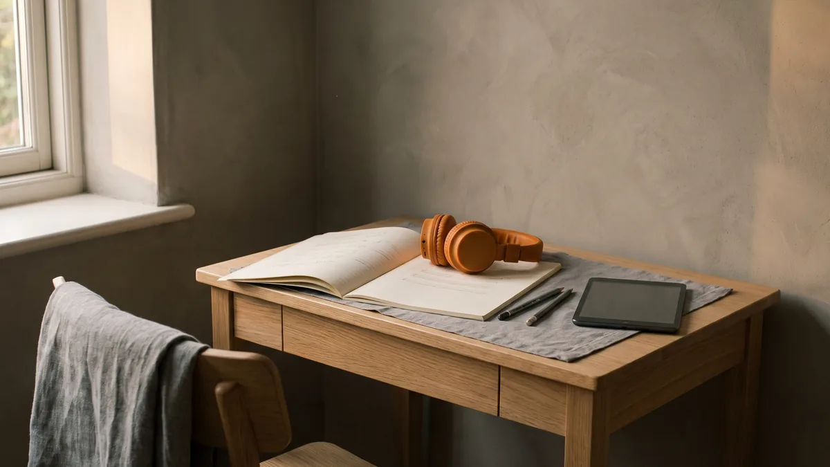 Un escritorio de estudio junto a la ventana, con un cuaderno abierto, unos lápices, una tableta y unos auriculares naranjas.