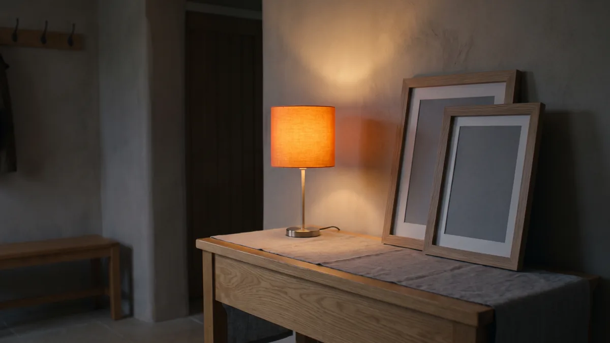 La lámpara de la consola del recibidor encendida al anochecer, con la pantalla naranja y dos marcos vacíos apoyados en la pared.