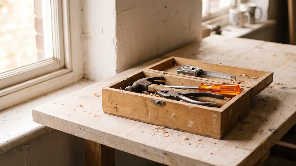 Una caja de herramientas de madera abierta sobre un banco de trabajo junto a una ventana, con un martillo, unos alicates y un destornillador de mango naranja.