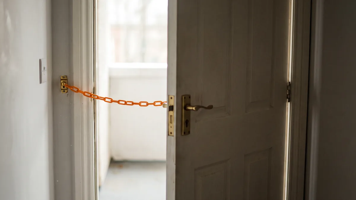 La puerta de una casa entreabierta, vista desde dentro, sujeta por una cadena de seguridad naranja tensa.