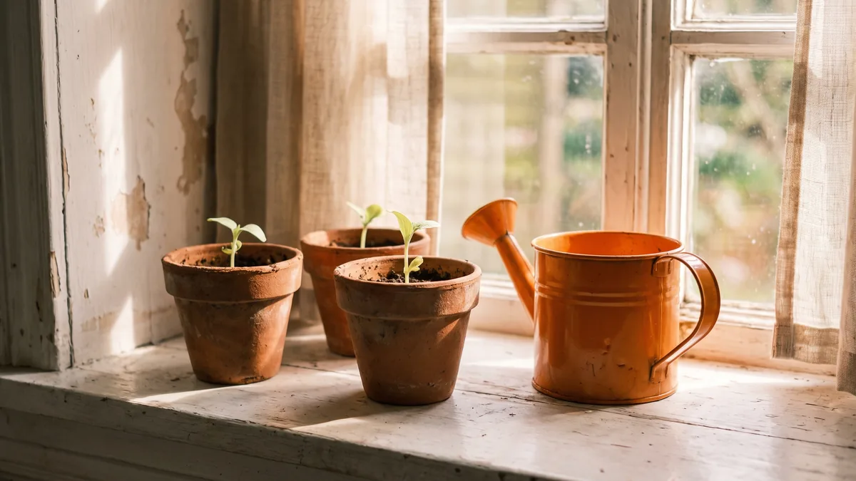 Tres macetas de barro con brotes verdes en el alféizar de una ventana de cocina, junto a una regadera naranja.