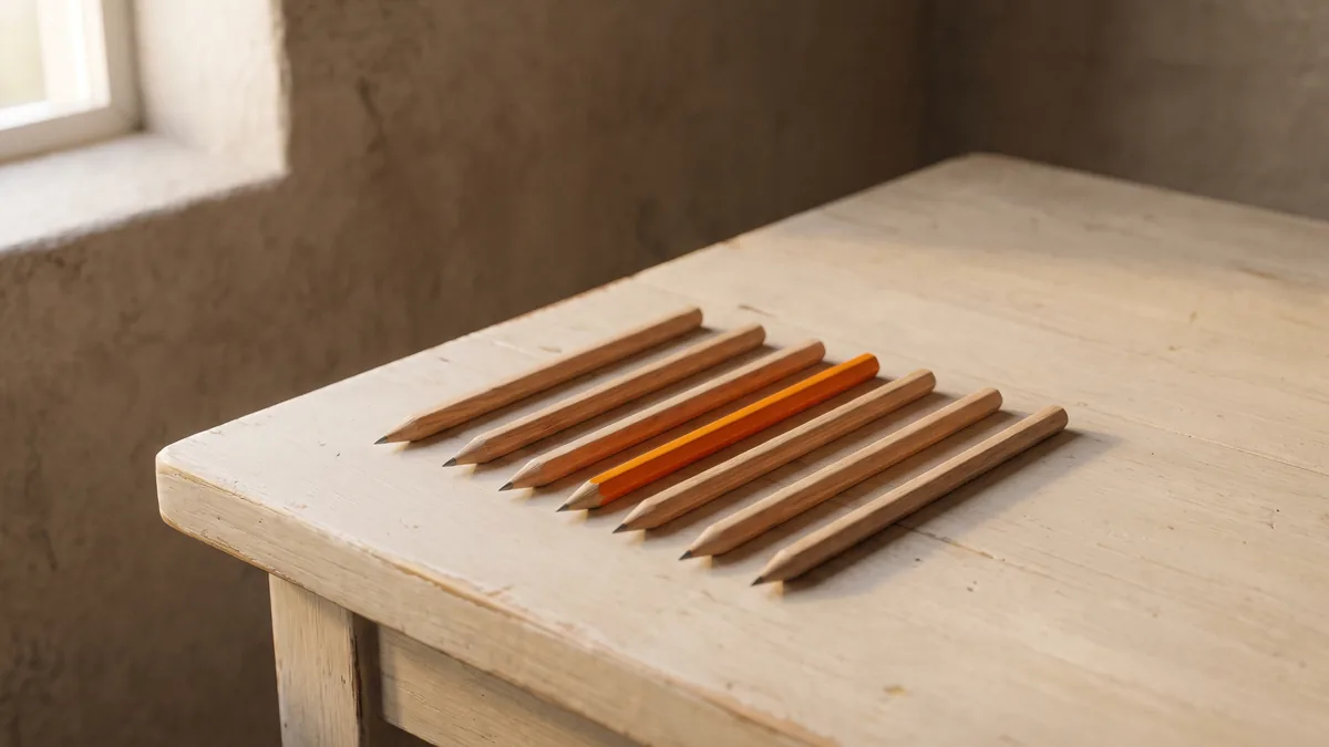 Una fila de lápices de madera sobre una mesa clara; uno de ellos, pintado de naranja.