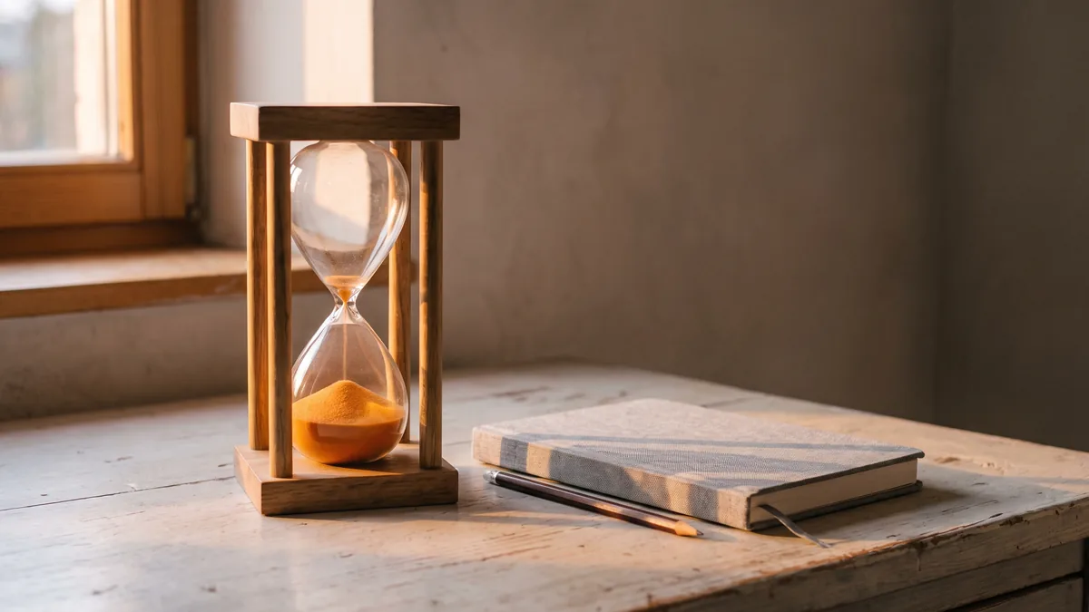 Un reloj de arena en calma junto a una ventana, con toda su arena naranja abajo, al lado de una libreta cerrada y un lápiz.