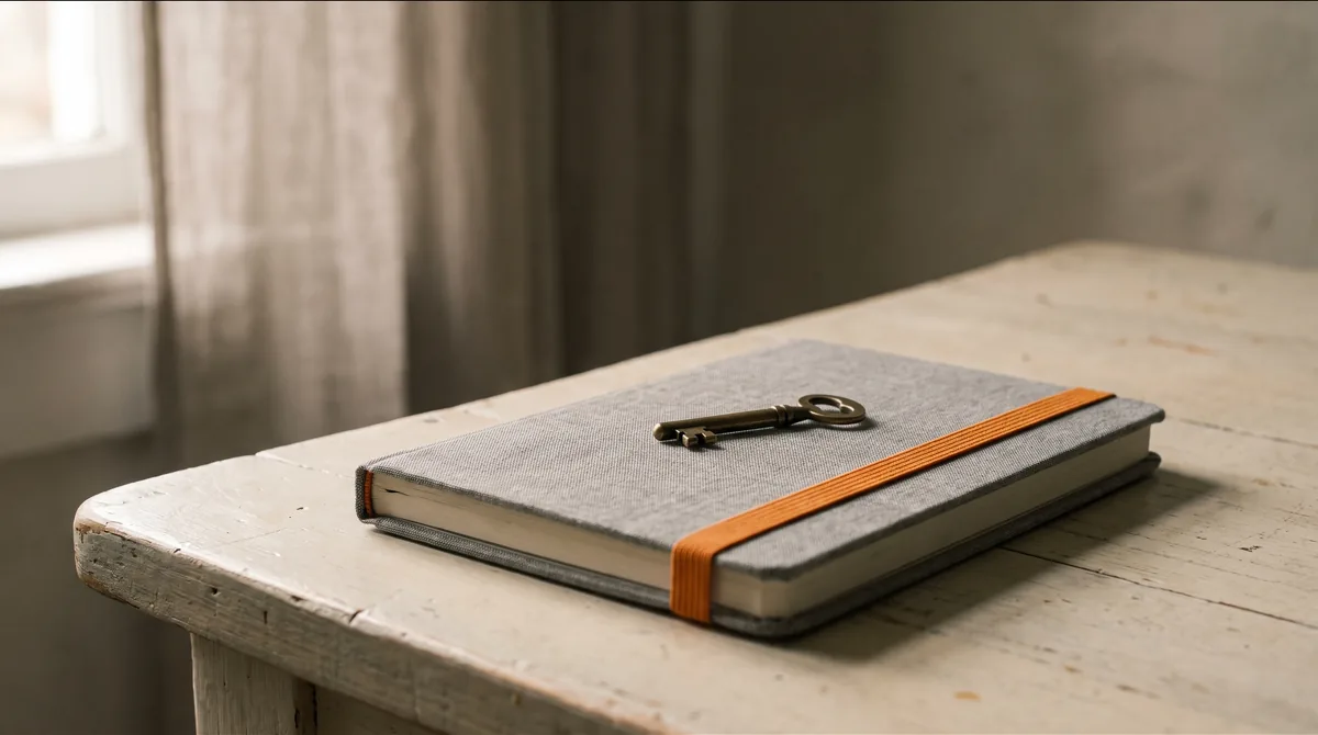 Un cuaderno gris cerrado con una goma naranja y una llave antigua encima, sobre una mesa de madera junto a una ventana.