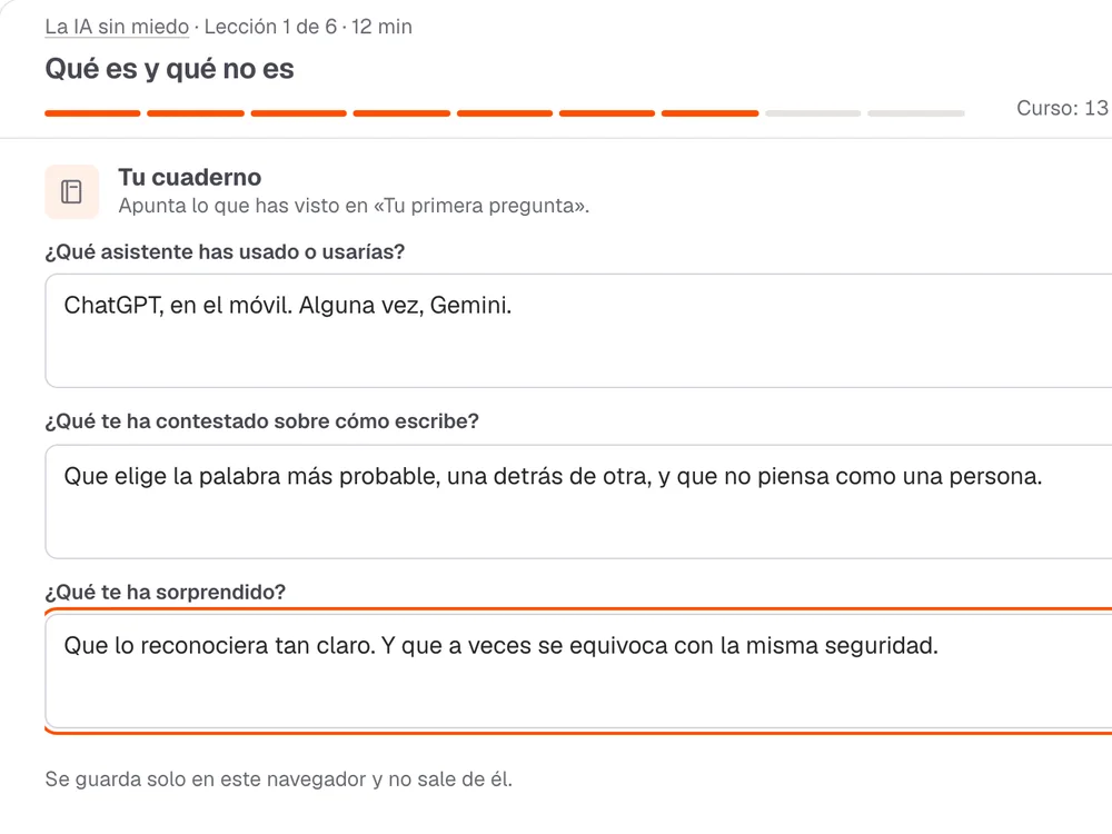 El cuaderno de una lección, con tres respuestas escritas.